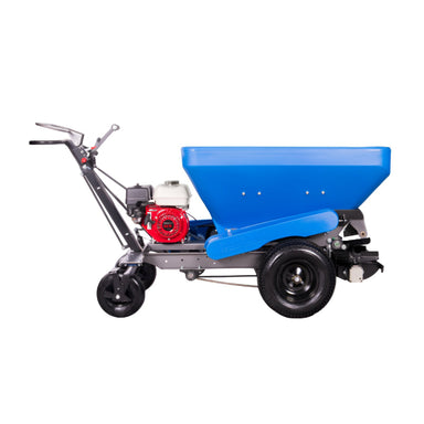 Side profile of the Eco 250 Top Dressing Spreader showing its large blue hopper, durable black wheels, and powerful red Honda engine. Designed for professional turf care, this machine evenly distributes compost, sand, and soil amendments across lawns, sports fields, and landscapes.