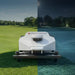 FJD FRX Robotic Lawn Mower shown operating in both daytime and nighttime conditions, demonstrating reliable 24/7 autonomous mowing performance for commercial turf maintenance