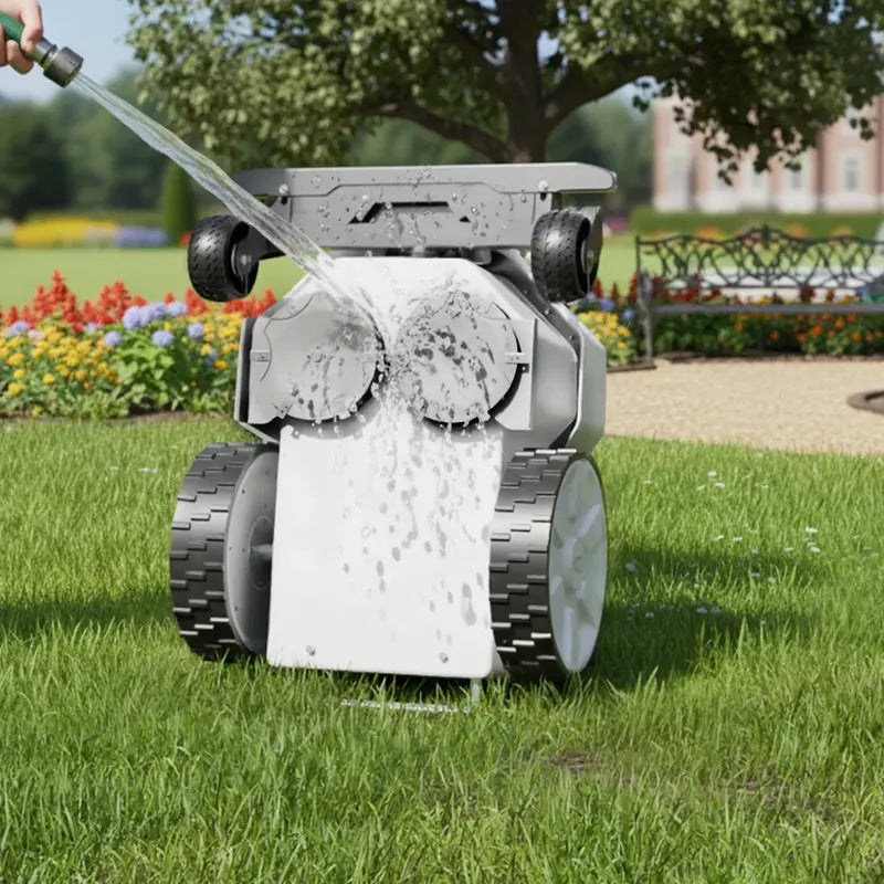 Underside of the FJD FRX Robotic Lawn Mower being rinsed with water, showcasing the dual cutting discs and easy-clean design for efficient commercial turf maintenance