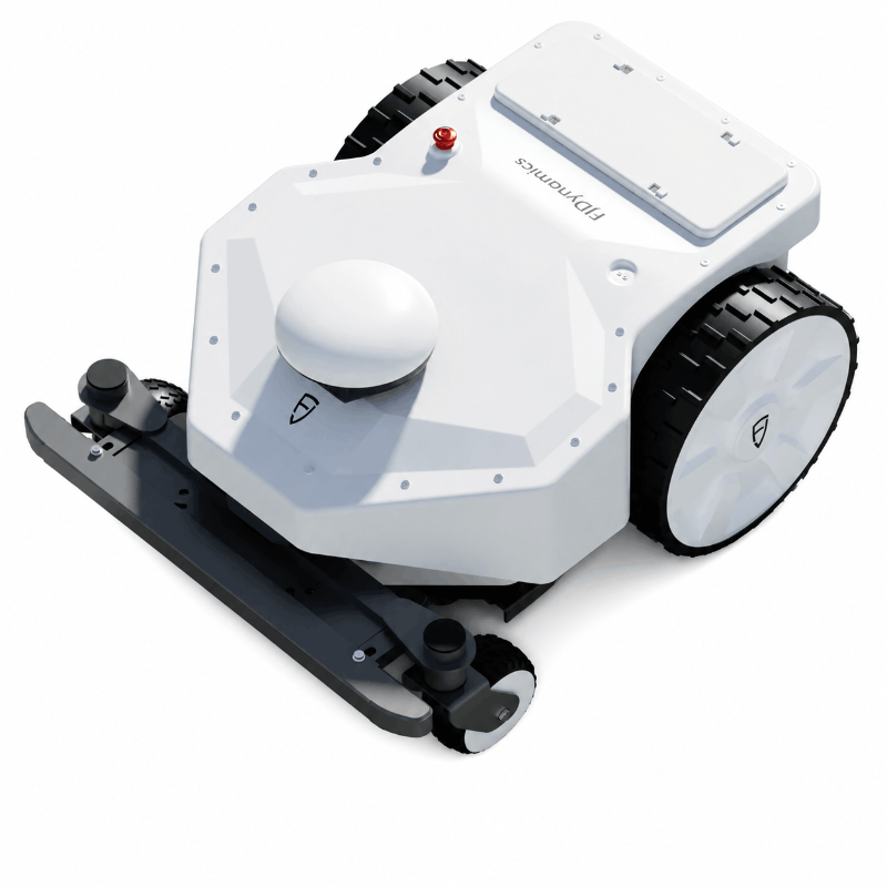 Front three-quarter view of the FJD FRX Robotic Lawn Mower featuring RTK navigation, front bumper, all-terrain wheels, and autonomous commercial mowing design on a clean white background