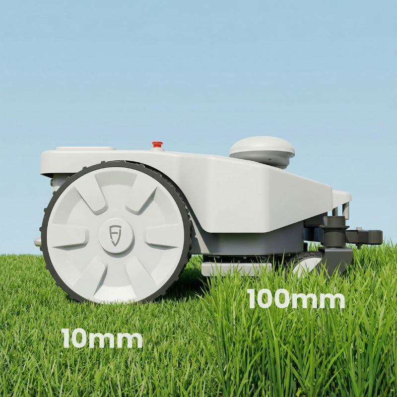 FJD FRX Robotic Lawn Mower demonstrating adjustable cutting height from 10 mm to 100 mm, shown on natural grass to highlight precision height control for commercial turf maintenance