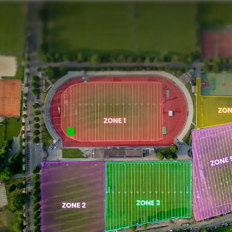 FJD FRX Robotic Lawn Mower multi-zone mapping display showing multiple sports field mowing zones with intelligent route planning, automated zone management, and precise navigation for efficient maintenance of large commercial landscapes, stadiums, and recreational facilities