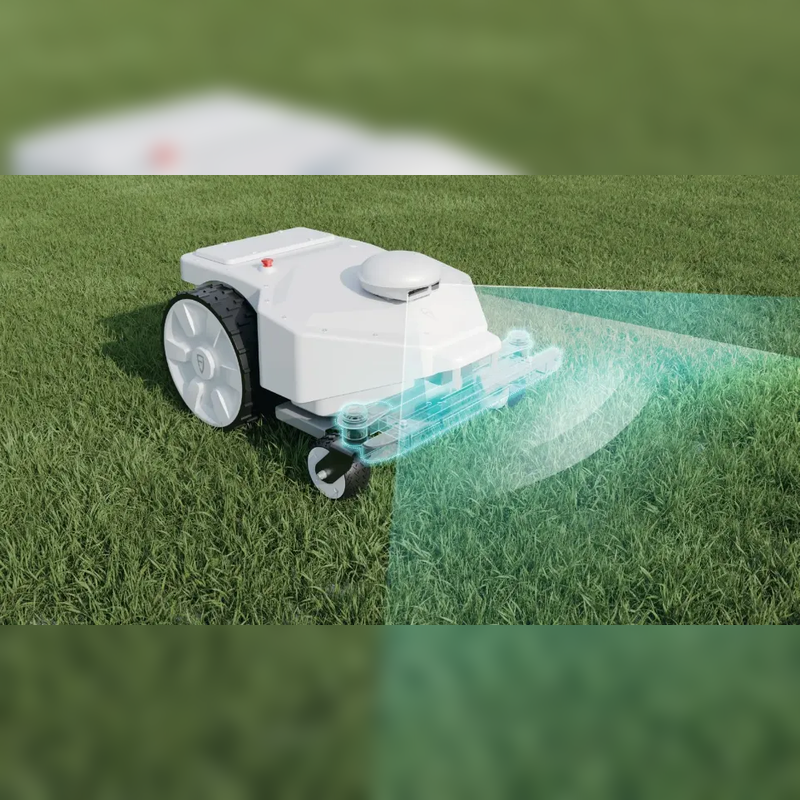 FJD FRX Robotic Lawn Mower with front obstacle detection sensors and AI vision coverage displayed, illustrating intelligent obstacle avoidance for safe, autonomous commercial lawn mowing.