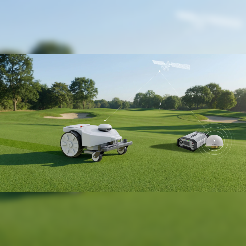FJD FRX Robotic Lawn Mower using RTK positioning and GNSS base station on a golf course, illustrating centimetre-level navigation accuracy for autonomous commercial turf maintenance.