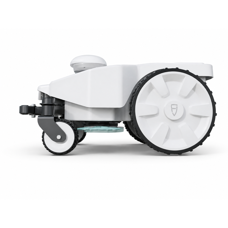 Side profile of the FJD FRX Robotic Lawn Mower showing large drive wheel, front caster, floating cutting deck, and RTK positioning system for precise autonomous commercial turf maintenance