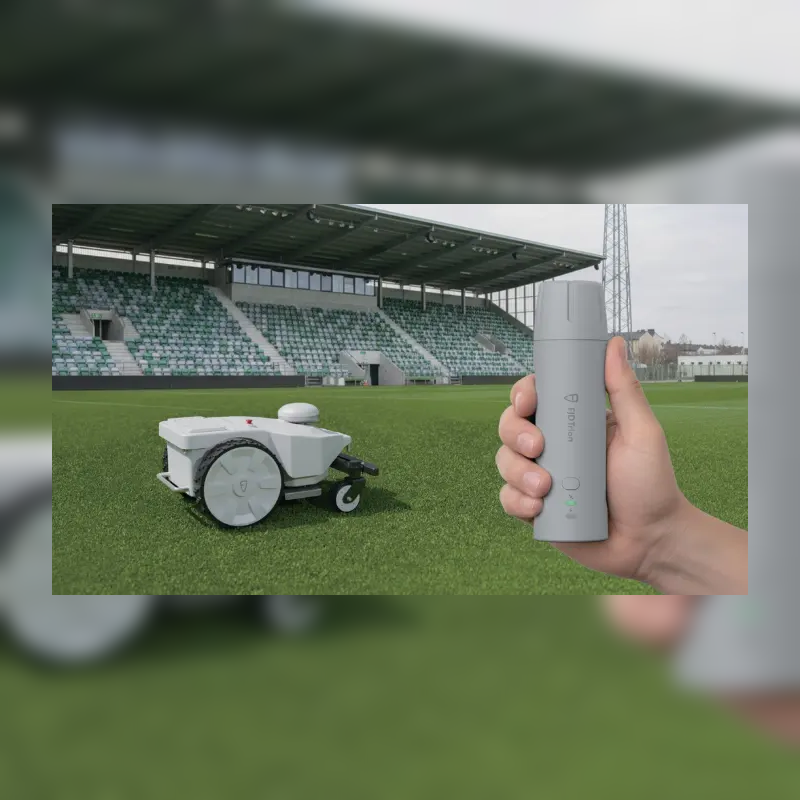FJD FRX Robotic Lawn Mower with wireless handheld controller on a stadium sports field, showcasing convenient remote operation, precise control, and autonomous commercial turf maintenance