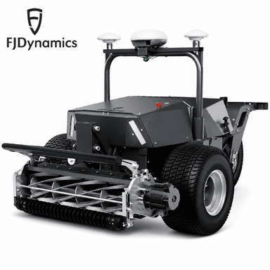 Front angle view of the FJD RCM01 Robotic Lawn Mower with commercial cylinder cutting reel, RTK GNSS antennas, heavy-duty tyres, and autonomous navigation system, displayed on a clean white background with the FJDynamics logo.