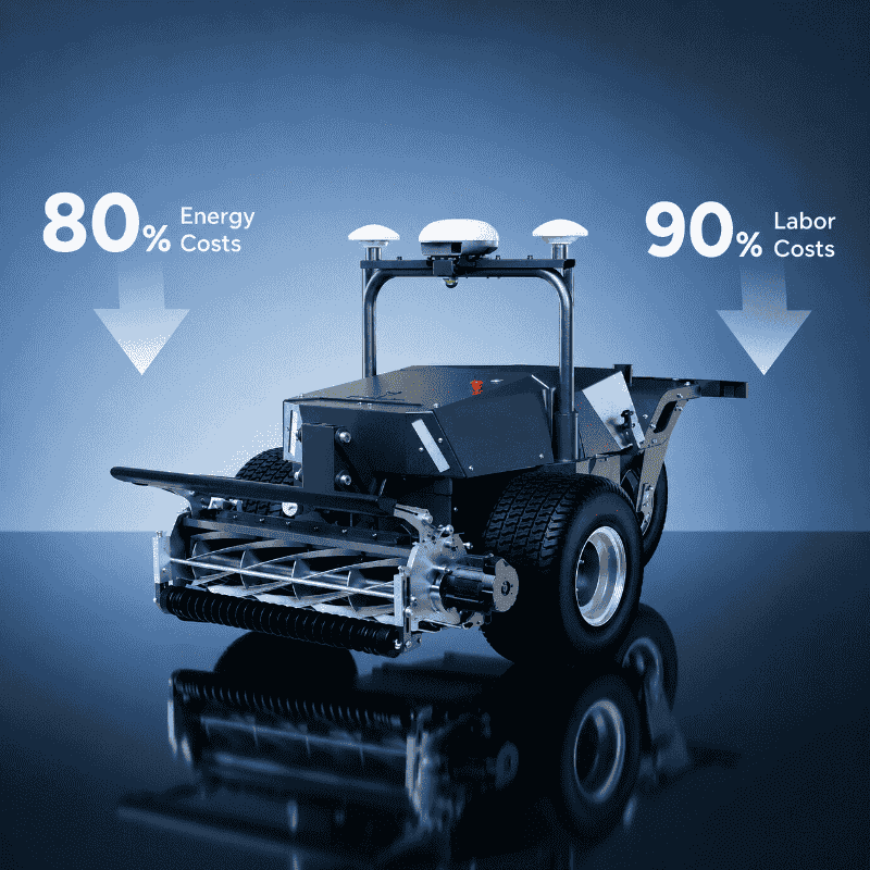 FJD RCM01 Robotic Lawn Mower displayed with graphics highlighting up to 80% lower energy costs and 90% lower labour costs, shown on a blue gradient background to illustrate commercial turf maintenance savings.