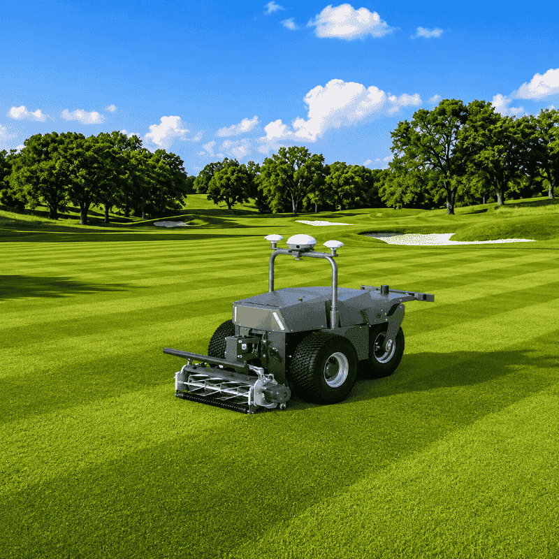 FJD RCM01 Robotic Lawn Mower operating autonomously on a professionally maintained golf course, featuring a commercial cylinder cutting deck, RTK navigation antennas, and precision mowing across striped fairways under a bright blue sky.