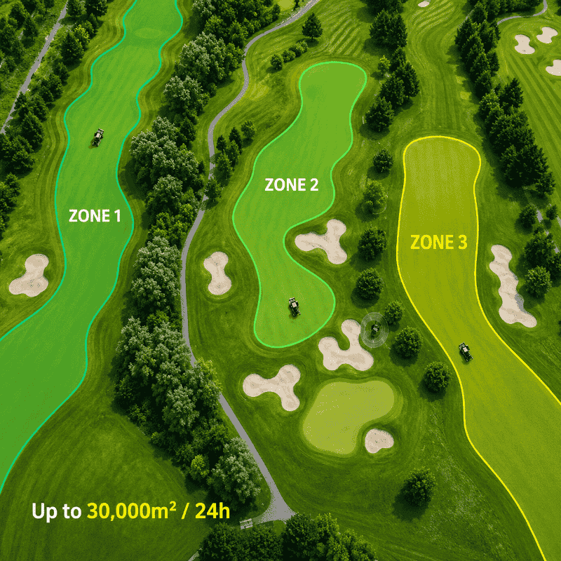 Aerial view of a golf course divided into three virtual mowing zones for the FJD RCM01 Robotic Lawn Mower, highlighting intelligent multi-zone management with coverage up to 30,000 square metres in 24 hours.