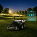 FJD RCM01 Robotic Lawn Mower operating quietly on a golf course at night, highlighting low-noise autonomous mowing for commercial turf maintenance without disturbing nearby residents or players, under a clear evening sky with illuminated fairways.