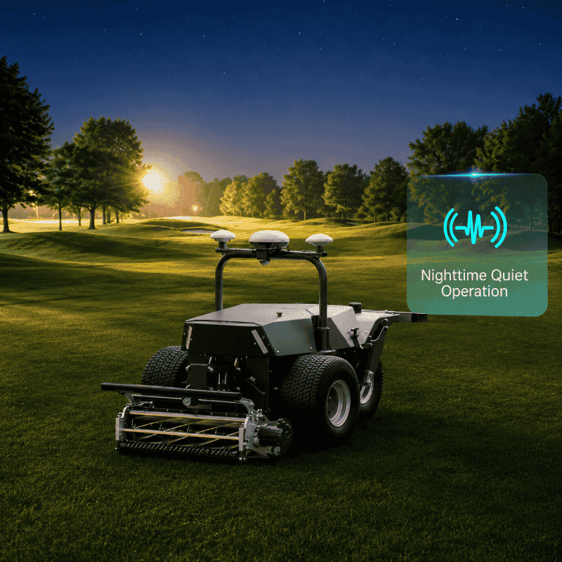 FJD RCM01 Robotic Lawn Mower operating quietly on a golf course at night, highlighting low-noise autonomous mowing for commercial turf maintenance without disturbing nearby residents or players, under a clear evening sky with illuminated fairways.