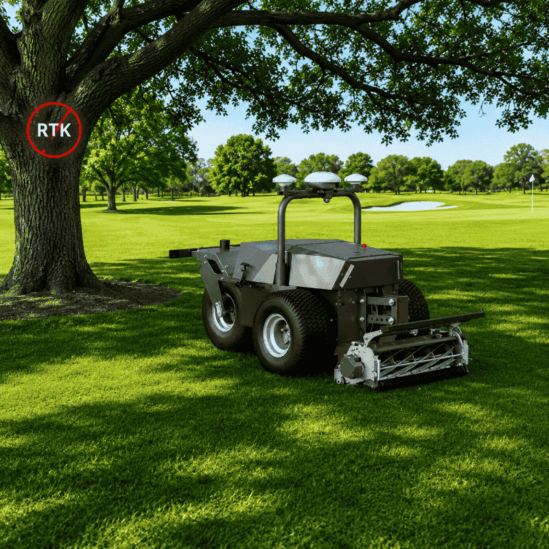 FJD RCM01 Robotic Lawn Mower operating beneath large trees on a golf course, demonstrating reliable RTK positioning and precise autonomous navigation while maintaining accurate mowing performance in partially obstructed environments.