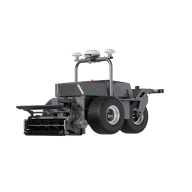 Front three-quarter view of the FJD RCM01 Robotic Lawn Mower featuring an RTK navigation module, commercial cylinder cutting deck, large turf tyres, and rugged chassis, isolated on a White background for a clean product display.