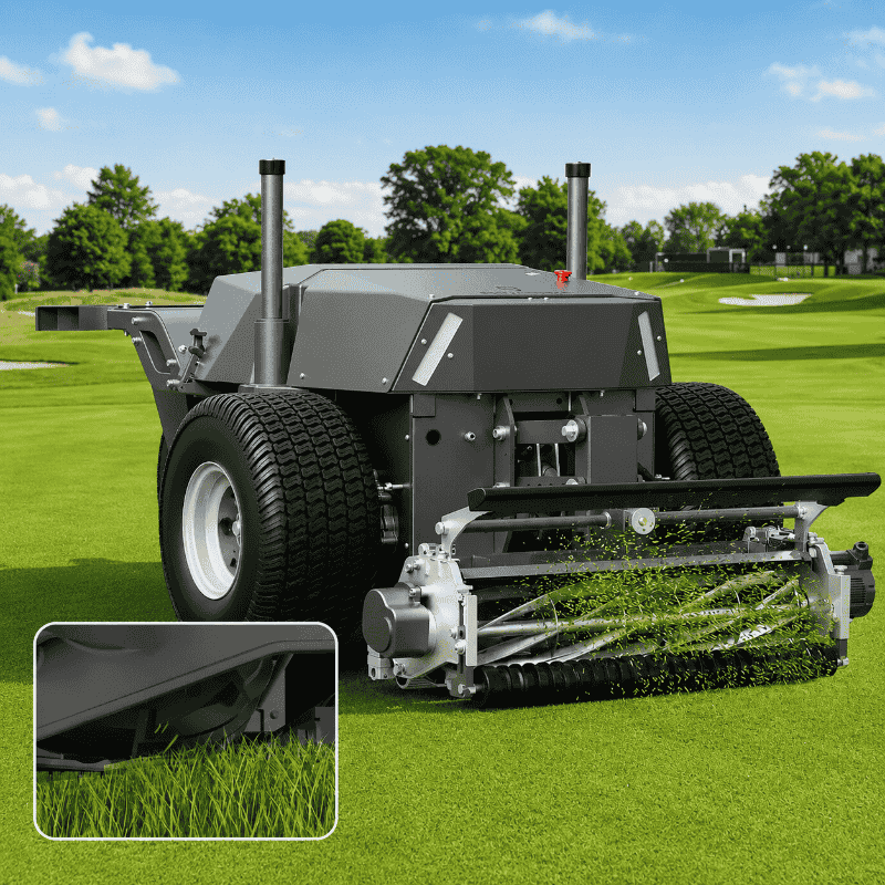 FJD RCM01 Robotic Lawn Mower operating on a golf course fairway with its commercial cylinder reel cutting grass, featuring a close-up inset of the precision cutting system and a lush green turf background.