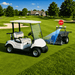 FJD RCM01 Robotic Lawn Mower detecting a golf cart with its advanced obstacle avoidance system on a golf course, illustrating safe autonomous navigation that stops or reroutes around obstacles during commercial turf mowing