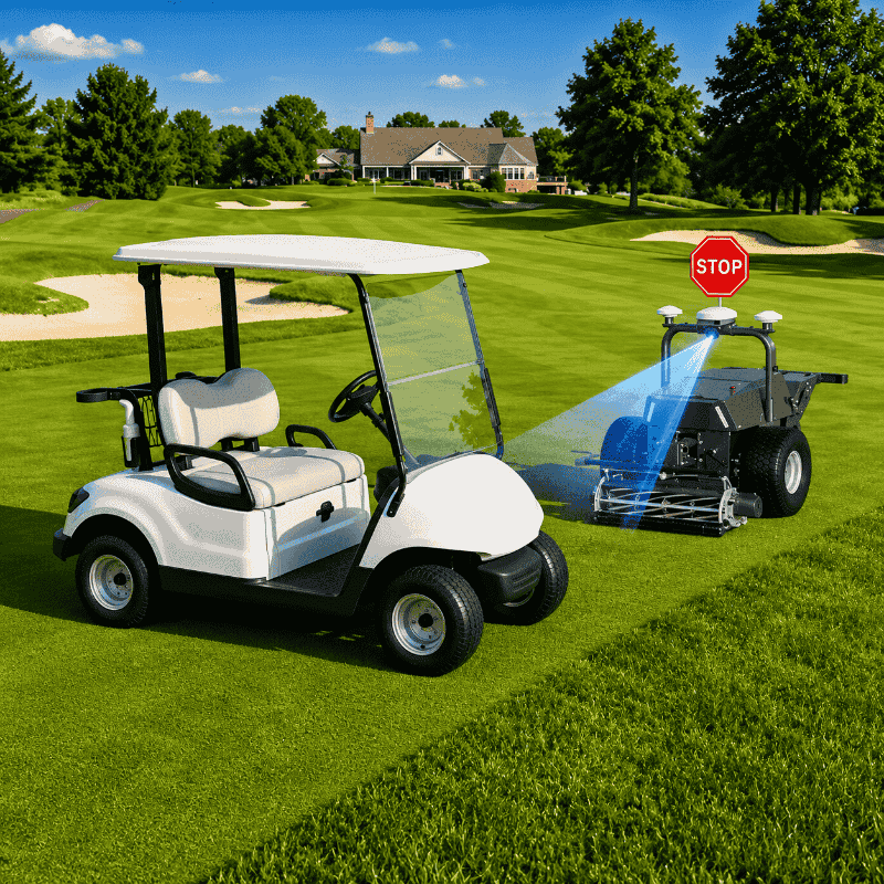FJD RCM01 Robotic Lawn Mower detecting a golf cart with its advanced obstacle avoidance system on a golf course, illustrating safe autonomous navigation that stops or reroutes around obstacles during commercial turf mowing
