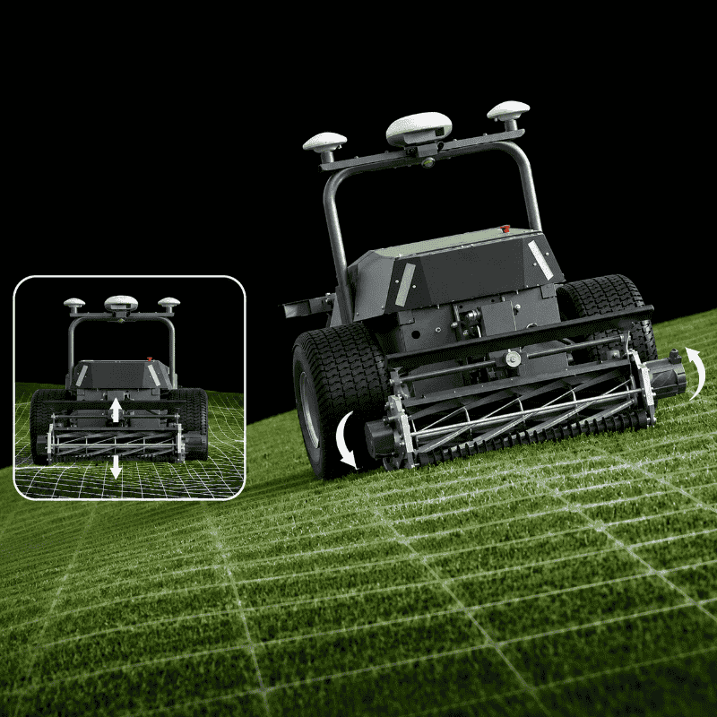 FJD RCM01 Robotic Lawn Mower demonstrating terrain-adaptive mowing on a sloped surface, with its floating commercial cylinder cutting deck maintaining consistent ground contact for precise cutting across uneven golf course terrain.