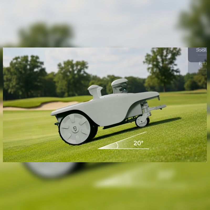 FJD Titan Robotic Mower climbing a 20° slope on a golf course, demonstrating stable traction, autonomous navigation, and reliable commercial mowing performance across sloping fairways, sports fields, parks, and other challenging turf environments.