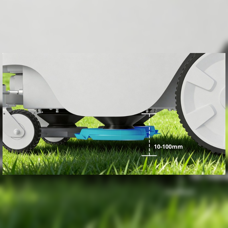 FJD Titan Robotic Mower showing adjustable 10–100 mm cutting height beneath the mower deck, providing precise grass height control for golf courses, sports fields, commercial turf, and professional landscape maintenance in varying mowing conditions.