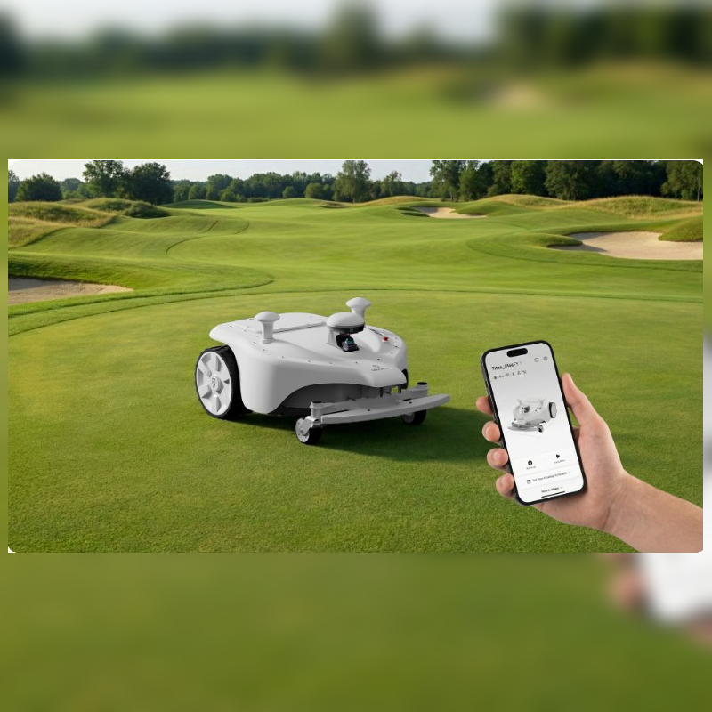 FJD Titan Robotic Mower controlled through a smartphone app on a golf course, enabling remote monitoring, scheduling, mowing management, real-time status updates, and autonomous commercial turf maintenance with convenient wireless operation and intelligent navigation.