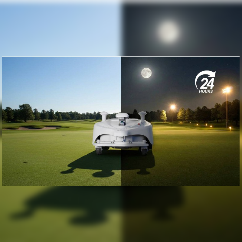 FJD Titan Robotic Mower operating continuously across day and night on a golf course, delivering quiet autonomous mowing with RTK and LiDAR navigation, 24-hour productivity, consistent commercial turf maintenance, and reliable performance in all lighting conditions.