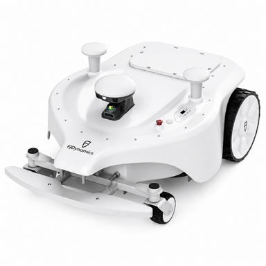 FJD Titan Robotic Mower front angle product view showcasing RTK and LiDAR navigation sensors, commercial-grade autonomous mowing technology, wire-free operation, and precision engineering for large-scale golf courses, sports fields, parks, and commercial turf maintenance.