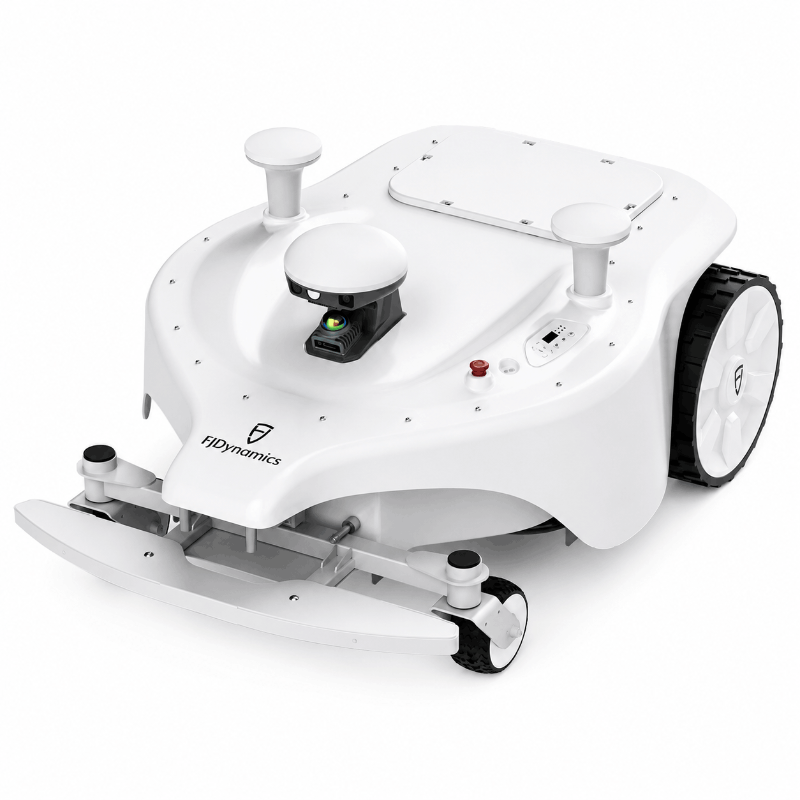 FJD Titan Robotic Mower front angle product view showcasing RTK and LiDAR navigation sensors, commercial-grade autonomous mowing technology, wire-free operation, and precision engineering for large-scale golf courses, sports fields, parks, and commercial turf maintenance.