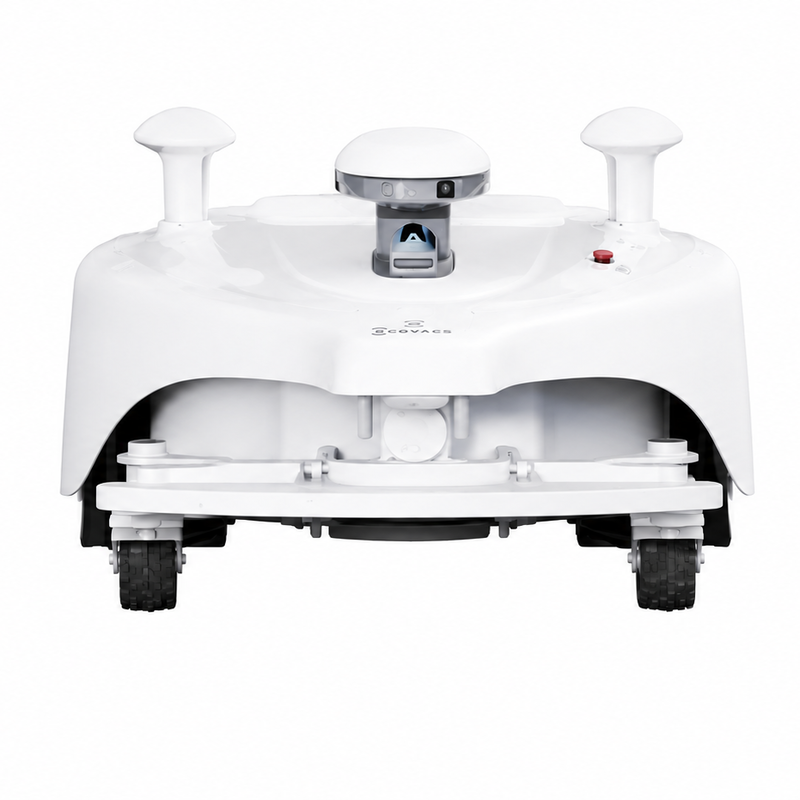 FJD Titan Robotic Mower front view highlighting RTK and LiDAR navigation sensors, precision obstacle detection, wire-free autonomous operation, and commercial-grade design for efficient mowing across golf courses, sports fields, parks, and large commercial landscapes.