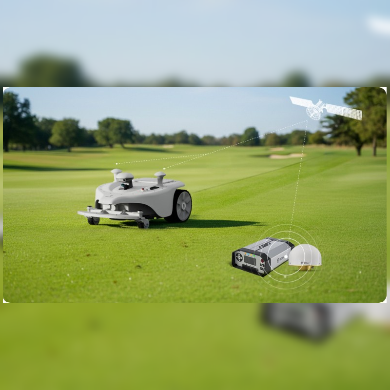 FJD Titan Robotic Mower communicating with an RTK base station and GNSS receiver on a golf course, providing centimetre-level positioning, wire-free navigation, reliable satellite guidance, and precise autonomous mowing for commercial turf and sports field maintenance.