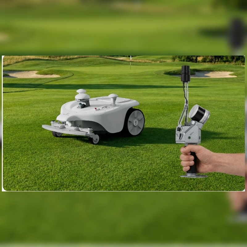 FJD Titan Robotic Mower with handheld RTK surveying device on a golf course, enabling accurate site mapping, centimetre-level positioning, wire-free boundary creation, and precise autonomous navigation for commercial turf, sports fields, and golf course maintenance.