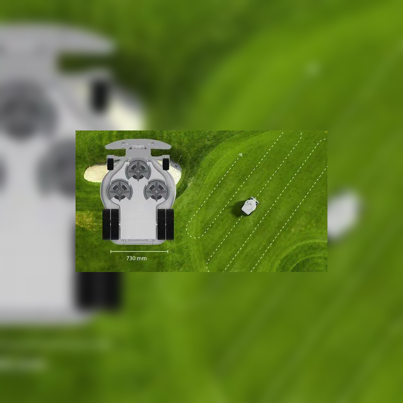 FJD Titan Robotic Mower displaying its 730 mm cutting width and systematic mowing pattern on a golf course, delivering efficient large-area coverage, precise autonomous operation, and commercial-grade turf maintenance with fewer passes and increased productivity