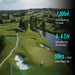 Aerial view of a large golf course with two FJ Dynamics FR4000 robotic mowers operating. Overlaid text highlights mowing stats: 1,000m² per charge, 4–4.5 hours daily runtime, and 50 hours total to complete a 10,000m² mowing task.