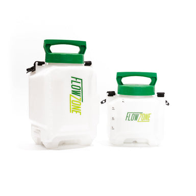 The machine shown is a FlowZone battery-powered backpack sprayer, specifically a model from the Typhoon series, equipped with a SwapTank system. 
