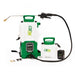 The image displays a FlowZone Storm battery-powered sprayer system, featuring two primary units: a larger backpack-style sprayer and a smaller handheld sprayer, both designed for liquid application, likely for pest control or lawn care. 