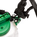 The image displays the back of a black and green backpack sprayer, featuring its padded shoulder straps and adjustable harness system designed for comfortable wear. The green elements visible are part of the sprayer's tank and components. 