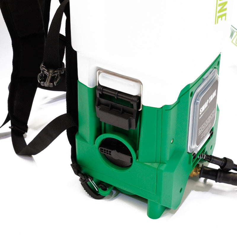 The image displays a FlowZone battery-powered backpack sprayer, likely a model from the Typhoon series, featuring a distinctive green and white design and equipped with a "SWAP TANK" system for easy chemical changes. 