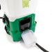 The image displays a close-up view of a green and white FlowZone battery-powered backpack sprayer, likely a model such as the Typhoon or Cyclone. The focus is on a black, rectangular compartment located on the side of the sprayer, which has a clear, hinged lid opened to reveal the internal components, possibly the battery housing or a connection port. Part of the "ONE" branding is visible on the upper white section of the sprayer. 