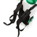 The image displays the back of a black and green backpack sprayer, likely a FlowZone Cyclone 3 Battery Powered Backpack Sprayer, featuring its padded shoulder straps and adjustable harness system designed for comfortable wear. The green elements visible are part of the sprayer's tank and components. 