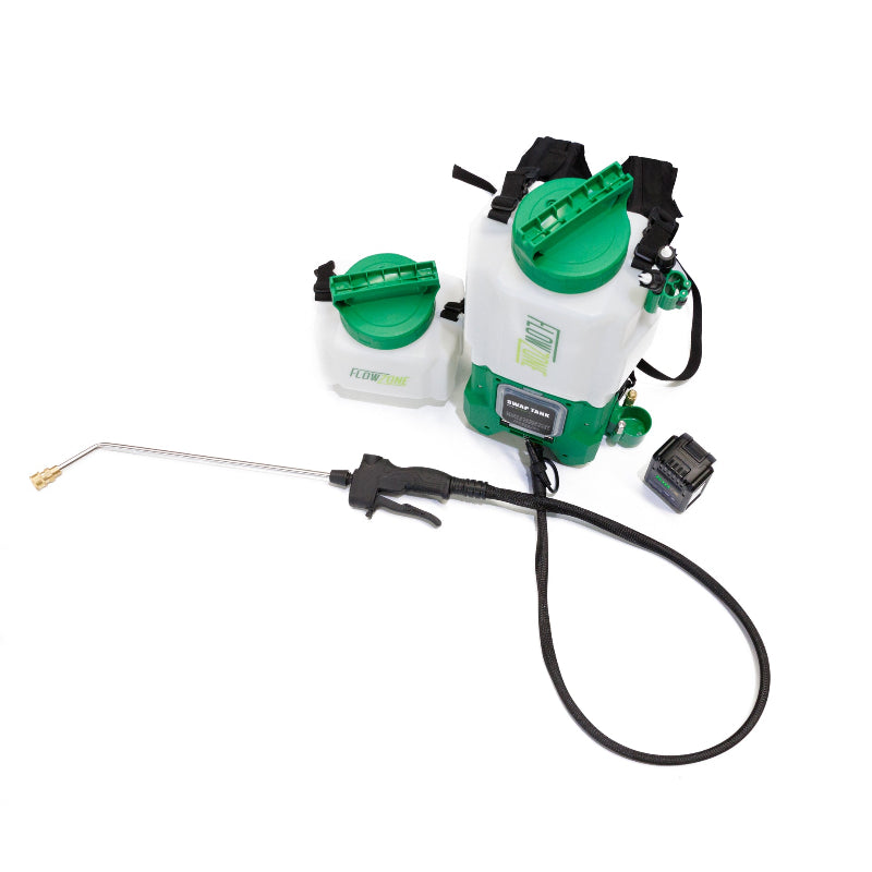 The image displays two FlowZone Storm series portable sprayers, featuring the innovative SwapTank system. The larger unit appears to be a 2-gallon model, while the smaller one is a 1-gallon version. 