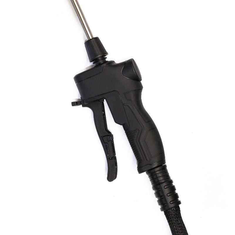 The image displays a close-up of a black, pistol-grip style pneumatic air blow gun or dust blower tool, designed for cleaning and dust removal. It features an ergonomic handle for comfortable grip and a long, thin metal nozzle extending upwards, which allows for precise blowing into narrow or hard-to-reach areas. This type of tool is typically used with compressed air for tasks such as cleaning car interiors, engine compartments, computer cases, or other surfaces and machinery. 