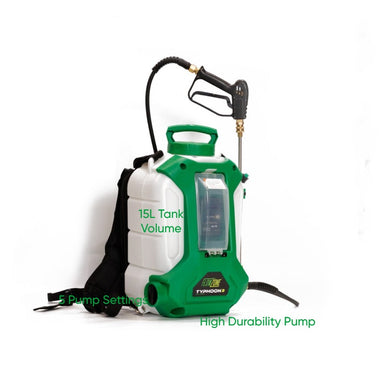The image displays a FlowZone Typhoon Battery Backpack Sprayer, a professional-grade, battery-powered sprayer designed for various applications such as pest control, lawn care, and garden watering. 