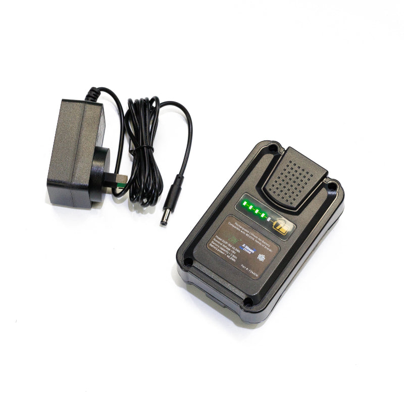 Close-up of FlowZone 18V 2.6Ah lithium-ion battery pack and matching charger, shown on a white background. The black rectangular battery features indicator lights, while the compact charger with power cord highlights the complete charging system for FlowZone sprayers.