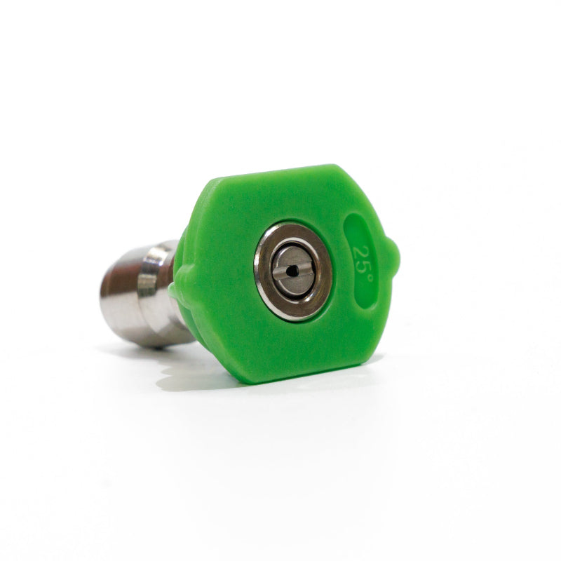 Close-up angled view of a FlowZone 25° green fan nozzle, featuring a stainless steel spray tip encased in bright green plastic housing. The nozzle rests on a white surface, designed to deliver a wider, even spray pattern for coverage.
