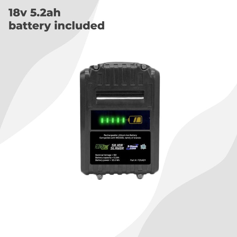 A centered product image of the FlowZone 18V 5.2Ah lithium-ion rechargeable battery pack shown upright against a white and grey background. The LED indicator lights display a full charge, with product branding and specifications clearly visible on the black casing.