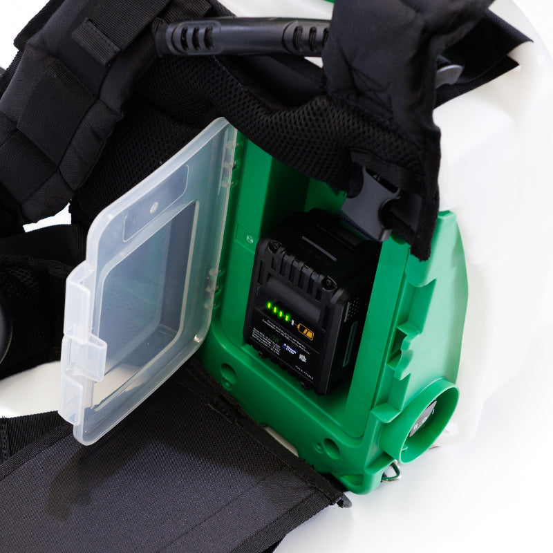 Close-up of FlowZone MicroBurst backpack sprayer showing lithium-ion battery compartment with protective cover and secure housing for reliable spraying performance.