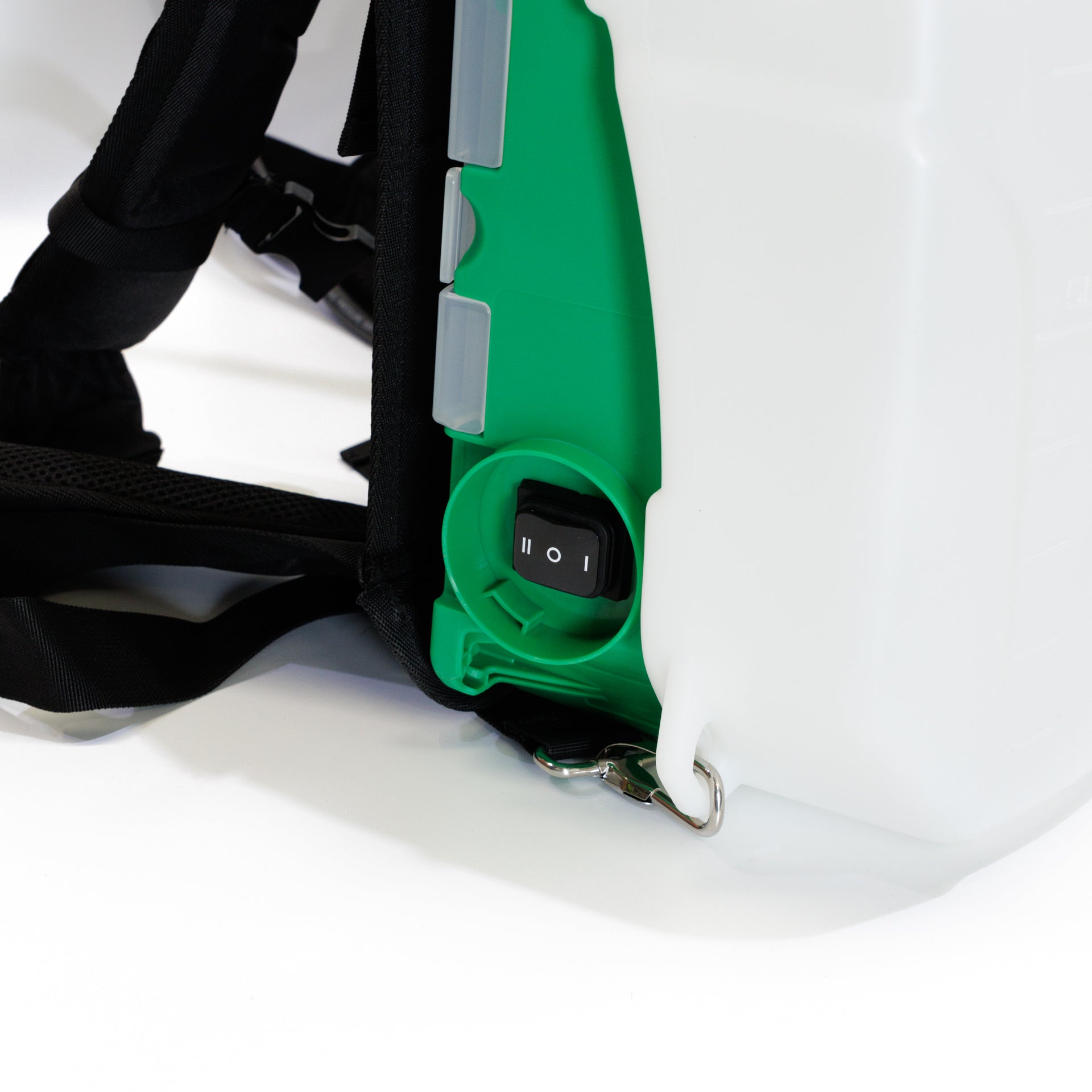 FlowZone MicroBurst battery-powered backpack sprayer close-up of dual power switch for adjustable spray control and easy operation.
