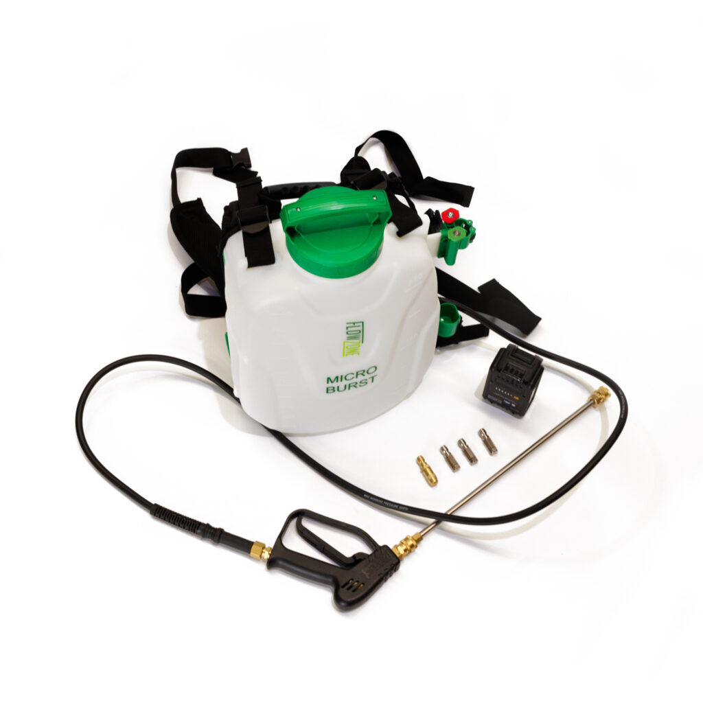 FlowZone MicroBurst battery-powered backpack sprayer with spray wand, lithium-ion battery, and multiple brass nozzles arranged on a white background.