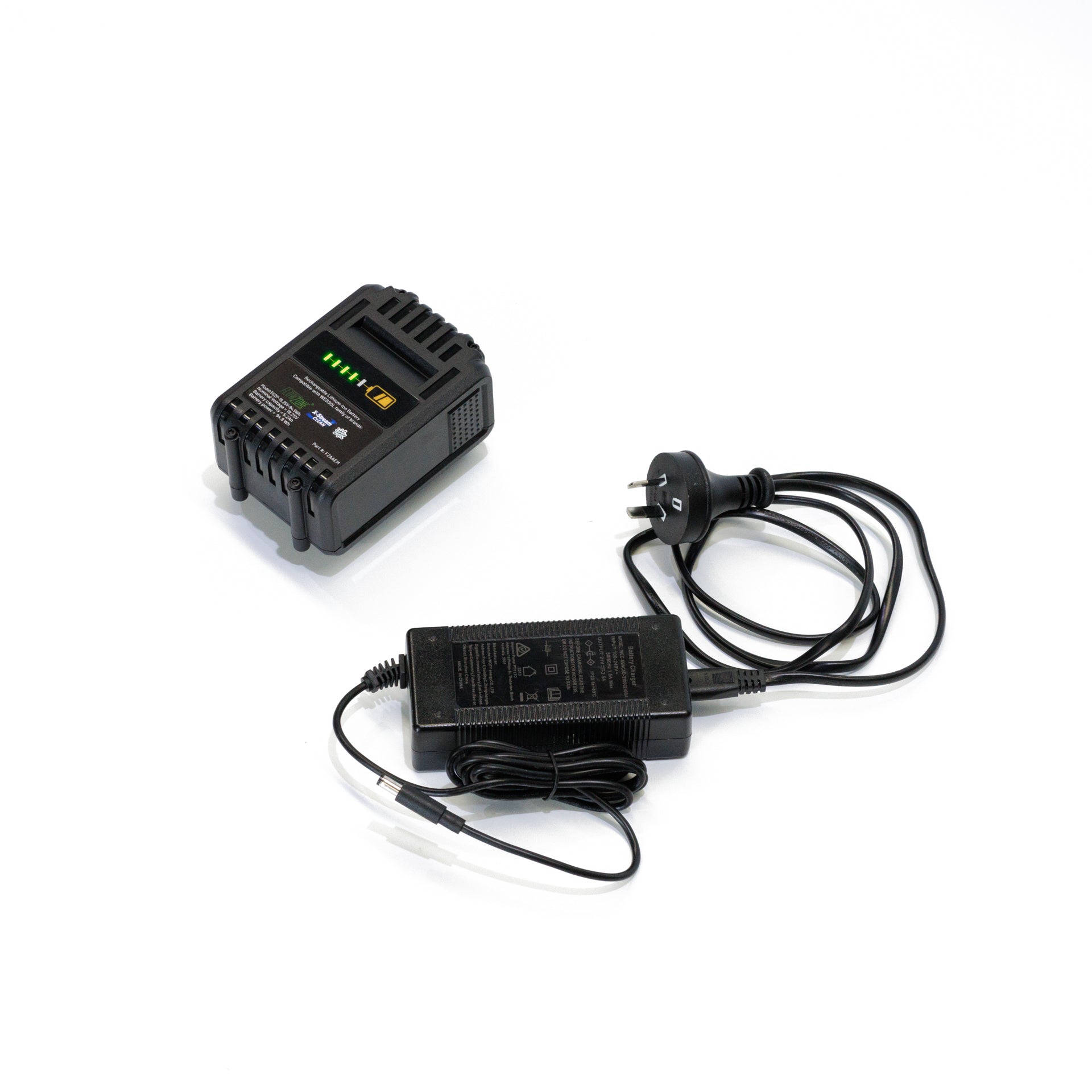 A clear top-down view of a FlowZone 18V 5.2Ah lithium-ion battery pack with illuminated LED charge indicators, placed next to its black charging adapter with a three-prong plug and coiled power cord, displayed neatly on a white background.
