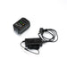 A clear top-down view of a FlowZone 18V 5.2Ah lithium-ion battery pack with illuminated LED charge indicators, placed next to its black charging adapter with a three-prong plug and coiled power cord, displayed neatly on a white background.